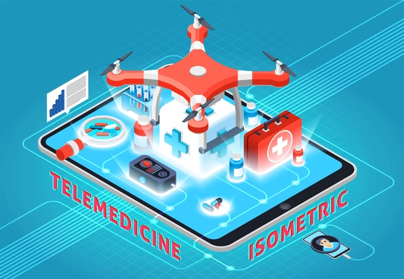 Telemedicine isometric composition on turquoise background with medical technologies on mobile device screen vector illustration