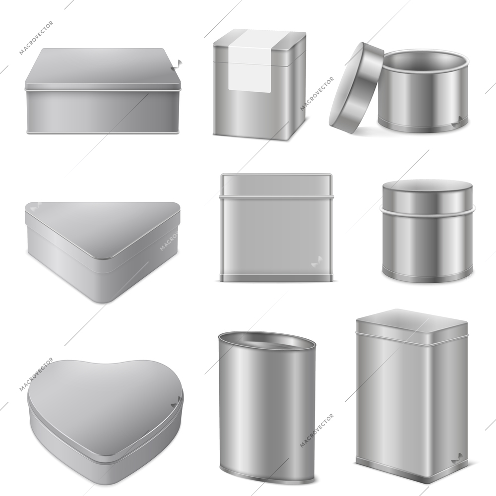 Realistic various shapes tin boxes mockup packaging collection of metal stainless steel triangle heart cylinder vector illustration