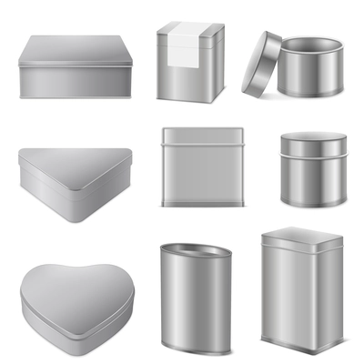 Realistic various shapes tin boxes mockup packaging collection of metal stainless steel triangle heart cylinder vector illustration