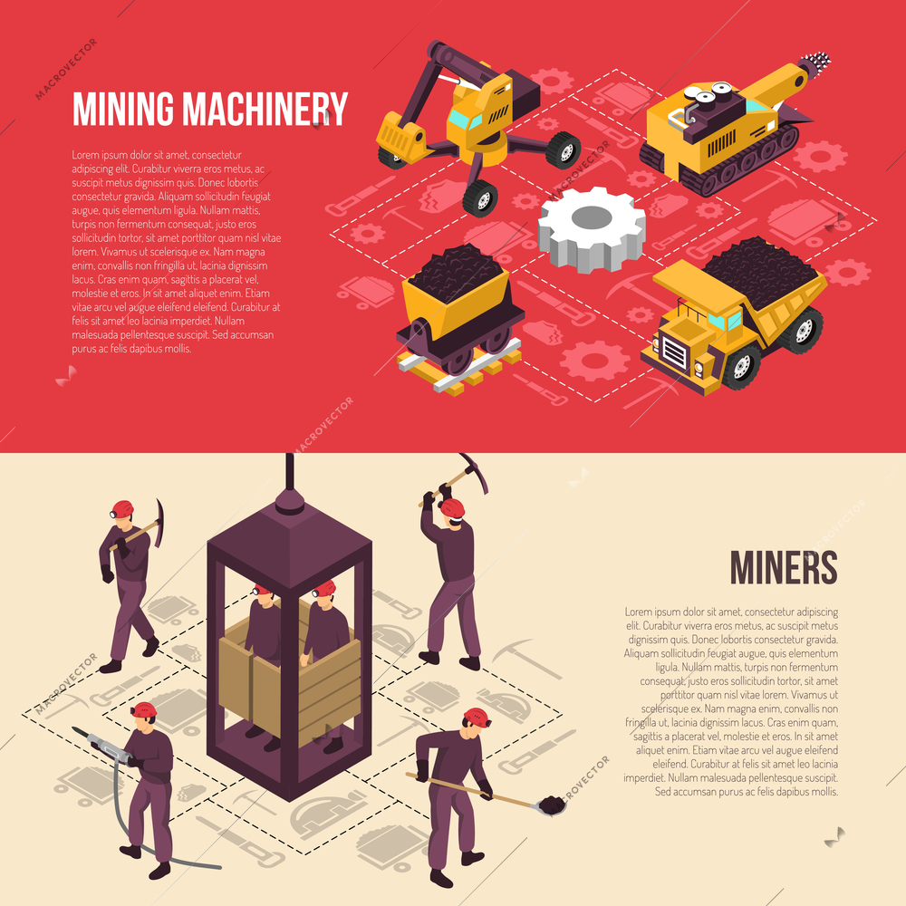 Coal mining industrial workers equipment and machinery  isometric horizontal banners set with flowchart elements isolated vector illustration