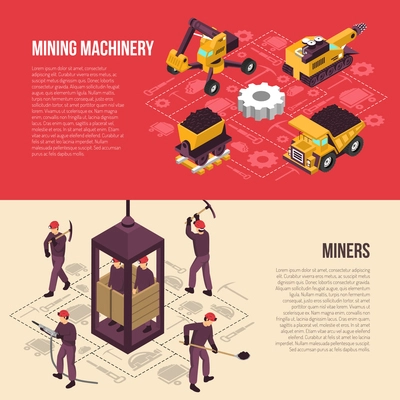 Coal mining industrial workers equipment and machinery  isometric horizontal banners set with flowchart elements isolated vector illustration