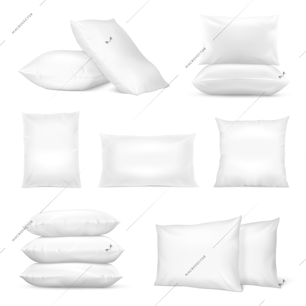 Realistic white square and rectangular pillows set with natural and synthetic cotton mix fiberfill isolated vector illustration