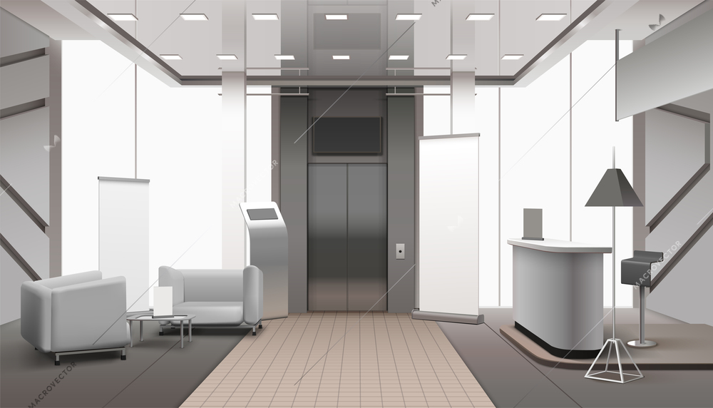 Realistic grey color lobby interior with lift, reception counter, waiting area, tiled and carpet floor vector illustration