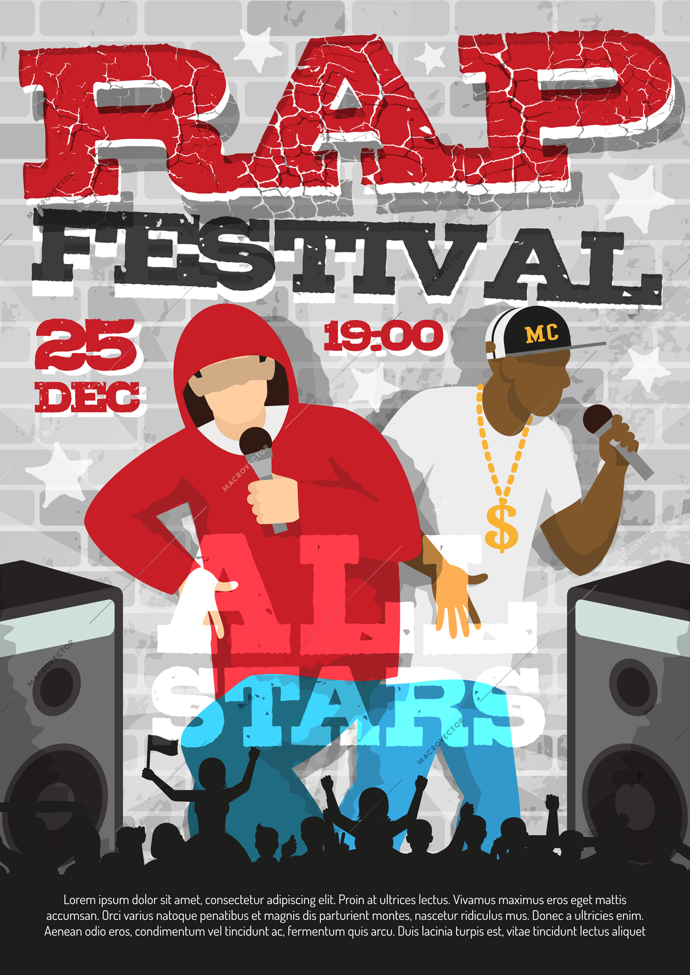 Rap music festival announcement poster template with date time popular rappers stars names and images vector illustration