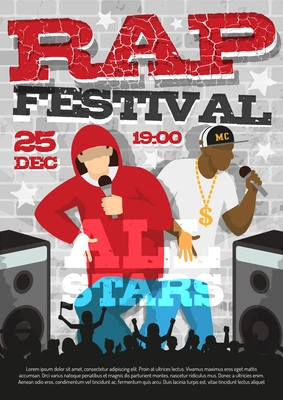 Rap music festival announcement poster template with date time popular rappers stars names and images vector illustration