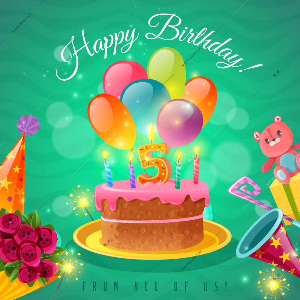 Happy birthday greeting card for five year kid with congratulations cake balloons and party hat vector illustration