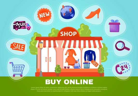 Buy online poster with shop showcase in centre and search sale basket delivery flat icons around vector illustration