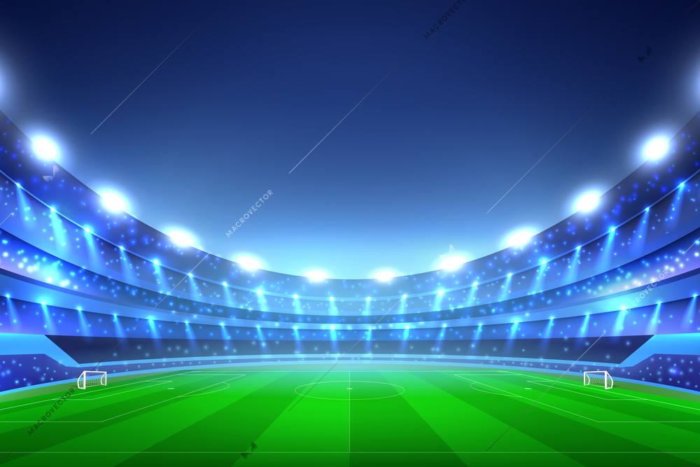 Soccer stadium perspective background with green lawn and white gates, tribunes with spotlights, blue sky vector illustration