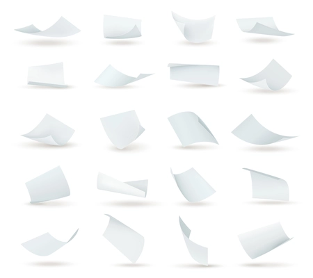 Realistic paper set of flying blank white sheets with curved corners isolated vector illustration
