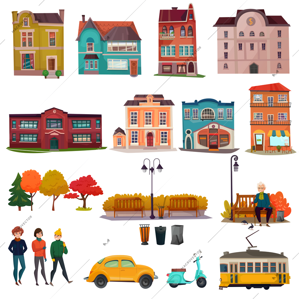 City environment isolated icons set of municipal buildings urban vehicles and park landscape elements cartoon vector Illustration