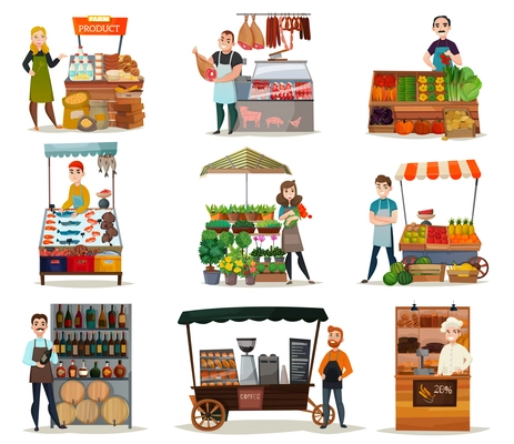 Street food icons set with vegetables meat and wine flat isolated vector illustration