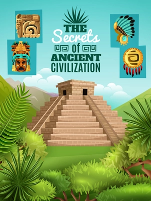Maya cartoon poster with elements of ancient aztec culture and chichen itza pyramid image on mexico nature background vector illustration