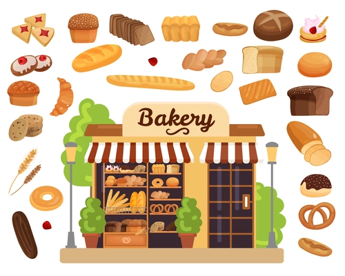 Bakery products flat design concept with shop window in centre and baked goods icons collection around isolated vector illustration