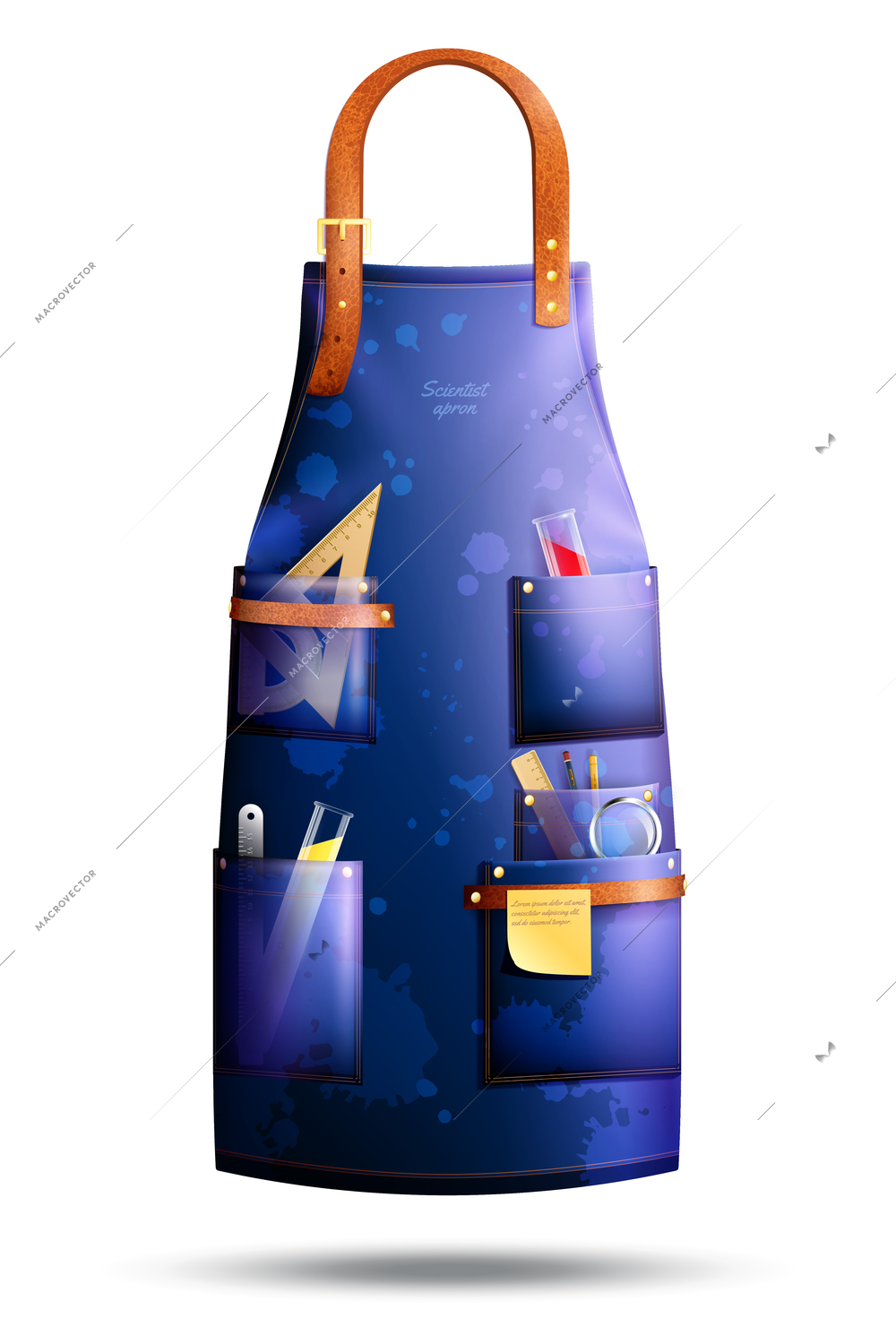 Realistic blue spotted apron of scientist with leather elements and professional tools in pockets isolated vector illustration