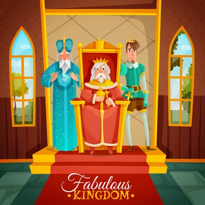 Fabulous kingdom colorful cartoon vector illustration with king sitting on throne wizard and prince figurines standing near monarch