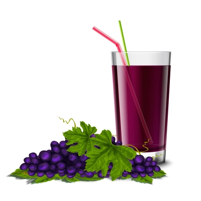 Realistic glass full of juice drink with cocktail straw and grape branch isolated on white background vector illustration