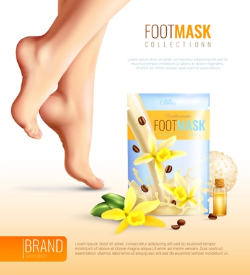 Feet mask with essential flower oil, coffee ad poster with female legs on light background vector illustration