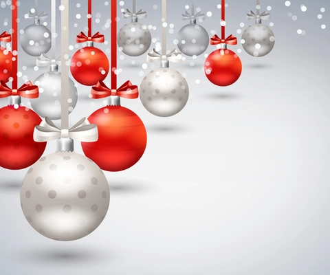 Christmas balls abstract background with red and silver balls hanging on ribbon with bow realistic vector Illustration