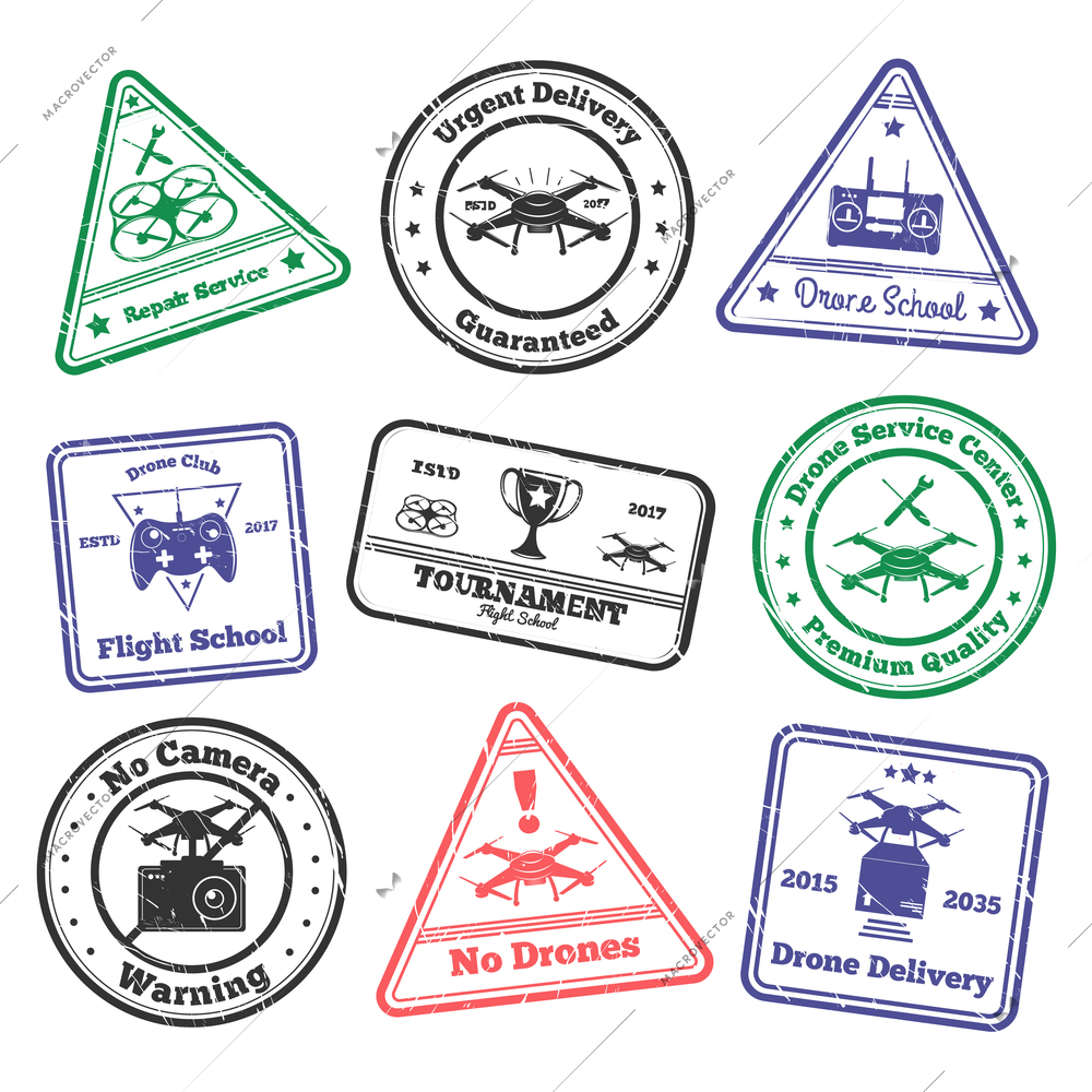 Drone grunge stamps set of colourful postal stamps with images of unmanned flying vehicle and text vector illustration