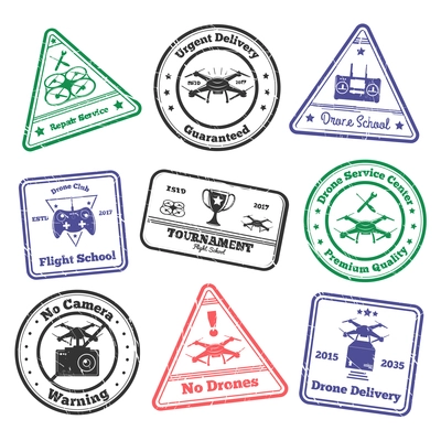 Drone grunge stamps set of colourful postal stamps with images of unmanned flying vehicle and text vector illustration