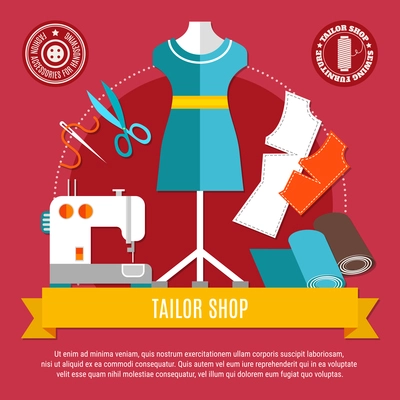 Tailor shop concept with mannequin sewing machine and cloth flat vector illustration