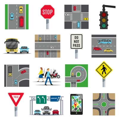 Traffic light signs and regulations roads intersections safety rules pedestrian crossing flat icons collection isolated vector illustration