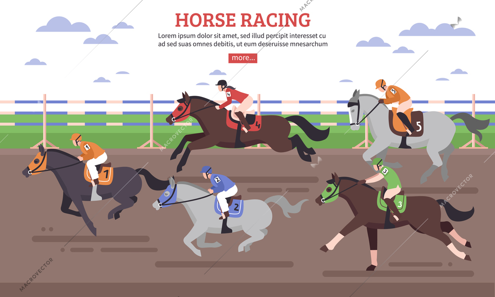 Horse racing on hippodrome scene with riders in gear at racehorses during competition flat vector illustration