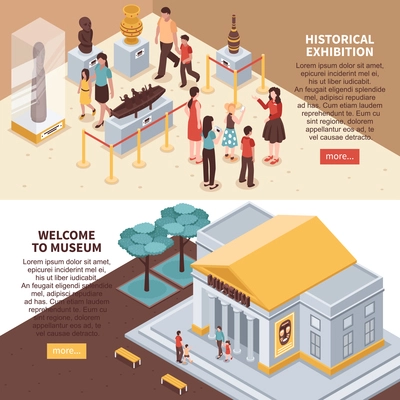 Historical exhibition horizontal isometric banners with museum building, showcases with exposition, excursion isolated vector illustration