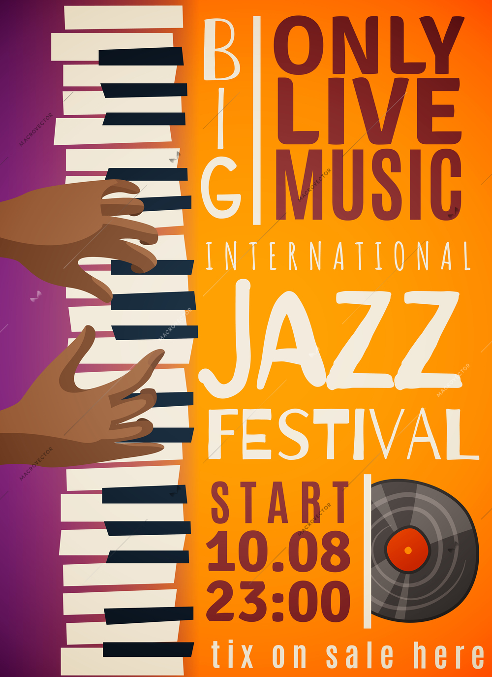 Jazz festival vertical poster with hands of african person playing on piano, record, orange background vector illustration