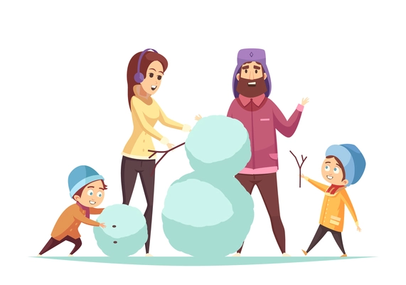 Happy family with two children making snowman at christmas on white background cartoon vector illustration