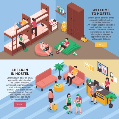 Hostel rooms horizontal isometric banners including bedroom with rest zone, reception hall with travelers isolated vector illustration