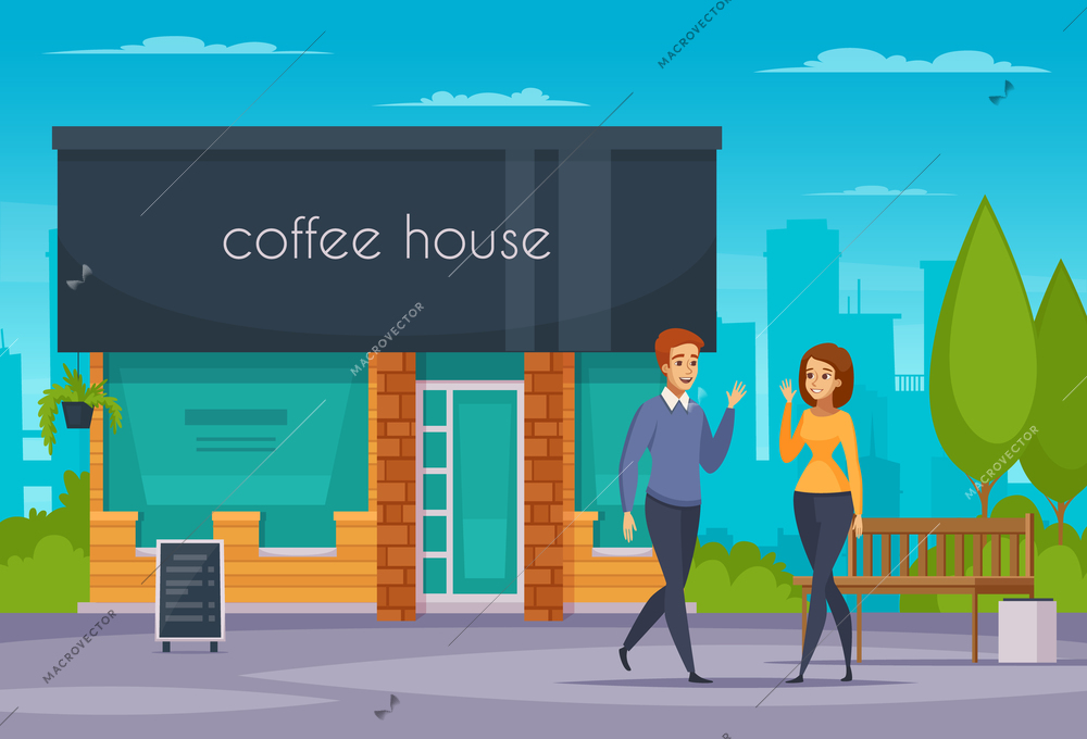 Friendly handshake composition with man woman and coffee house flat vector illustration