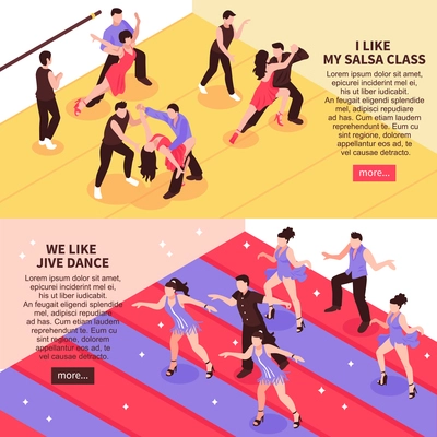 Dance horizontal isometric banners with people in ballroom during salsa training, jive class isolated vector illustration