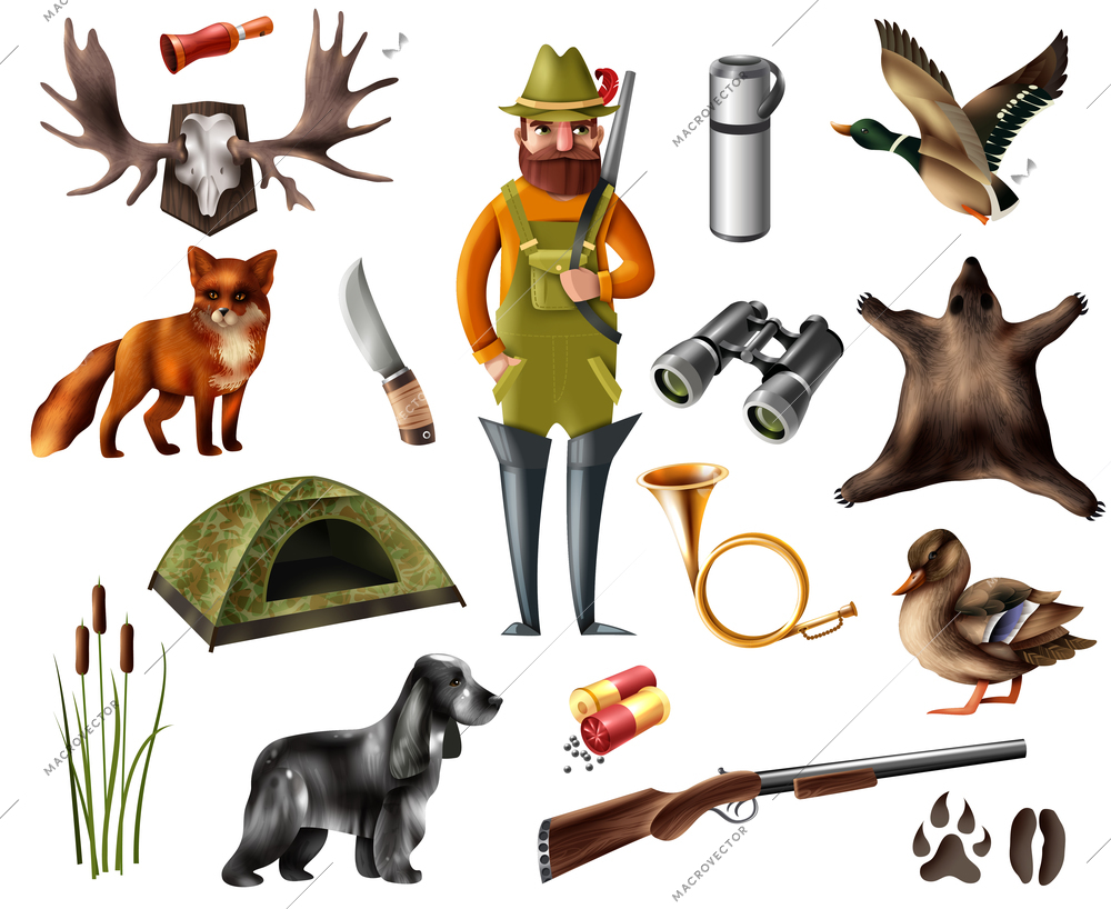 Set of hunting icons with bearded man, hound, wild animals, footprints, tent, weapon, trophies isolated vector illustration