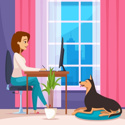 Designer at home composition with laptop table and dog flat vector illustration