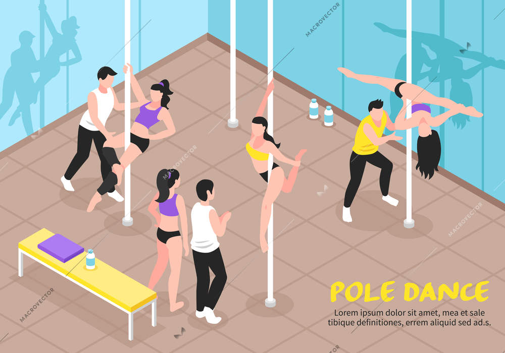 Pole dance training, scene with teachers and girls in various positions, interior elements isometric vector illustration