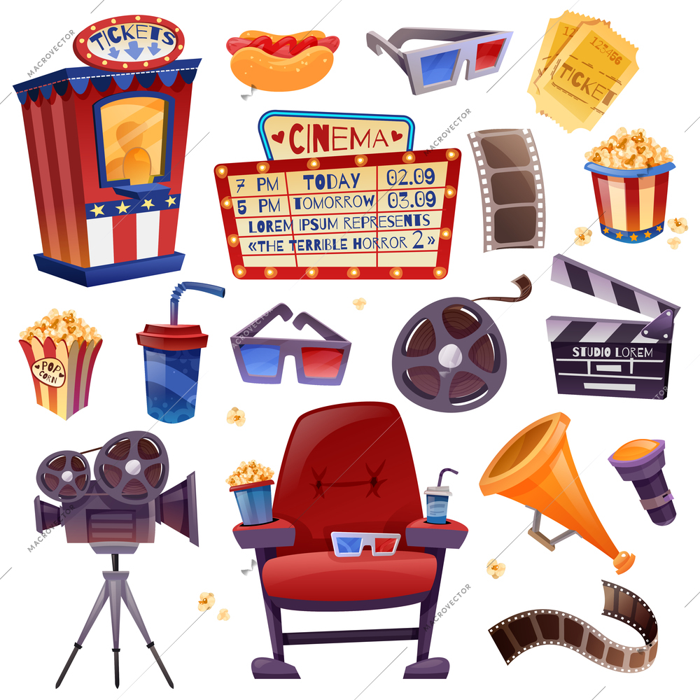 Cinema cartoon icons set with camera, film, clapper, drink and snacks, armchair, glasses, tickets isolated vector illustration