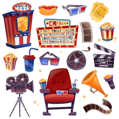 Cinema cartoon icons set with camera, film, clapper, drink and snacks, armchair, glasses, tickets isolated vector illustration