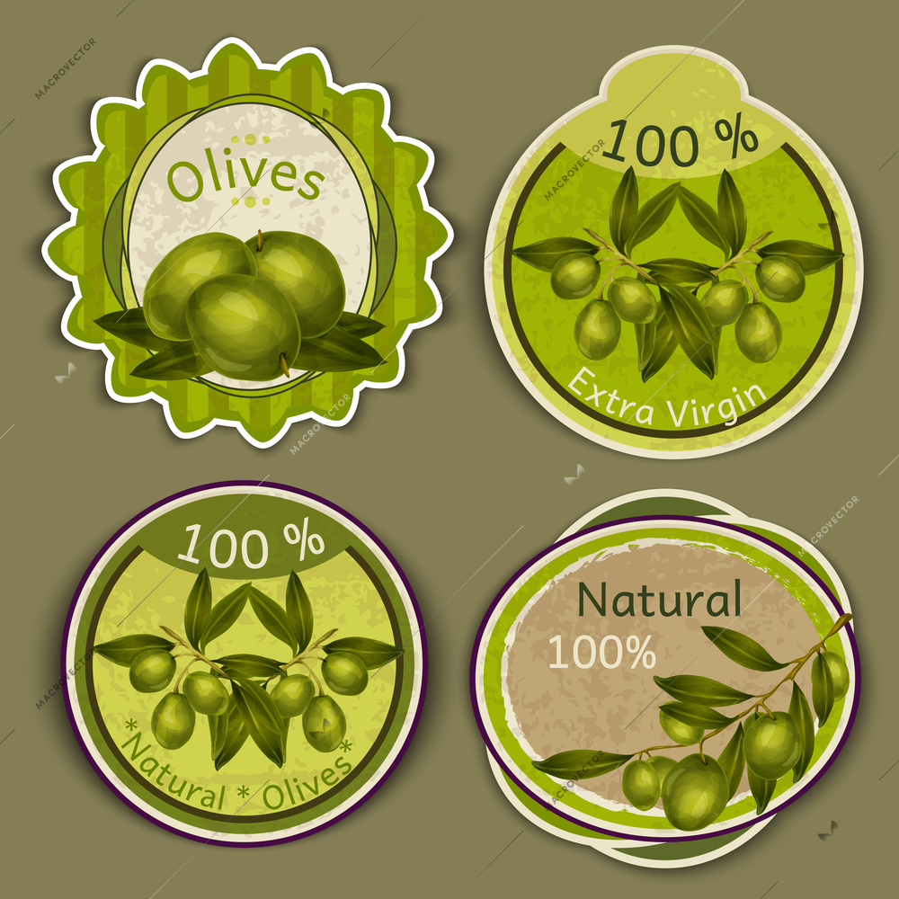 Organic natural food extra virgin olive oil labels set isolated vector illustration