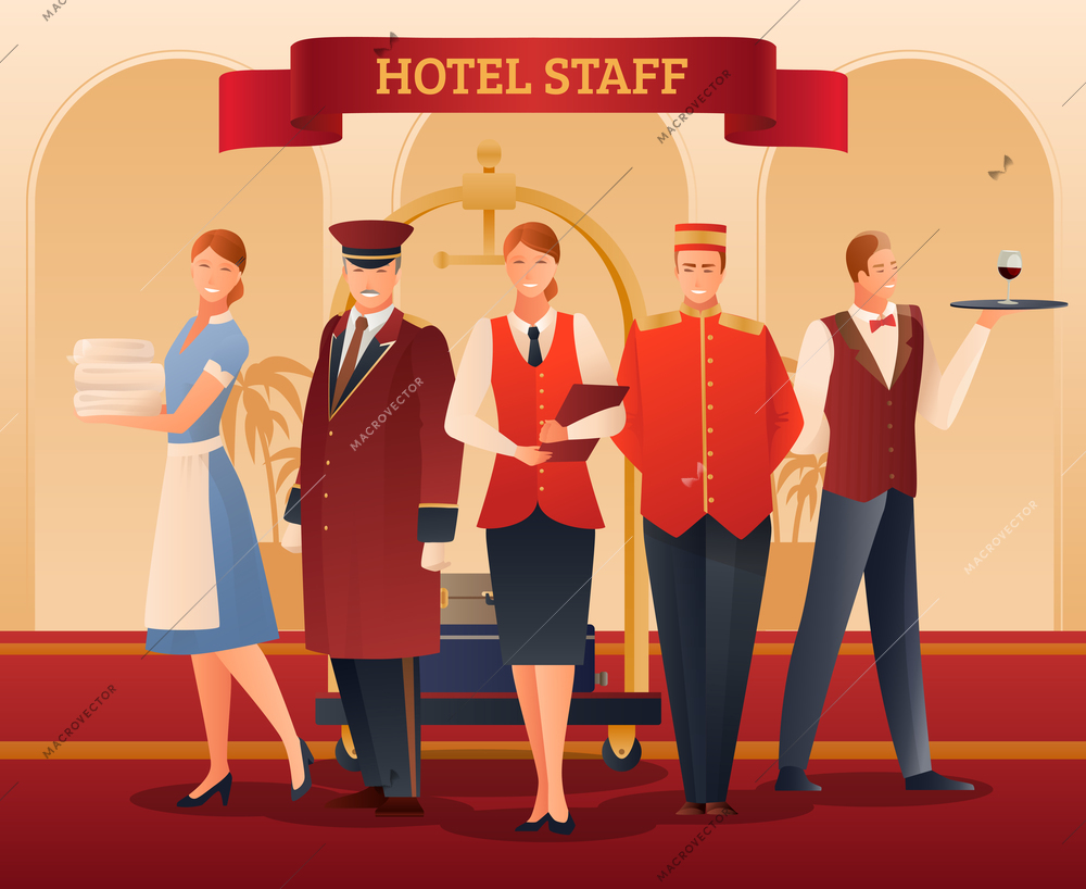 Hotel smiling staff flat gradient composition with administrator, porter, waiter, doorman and maid vector illustration