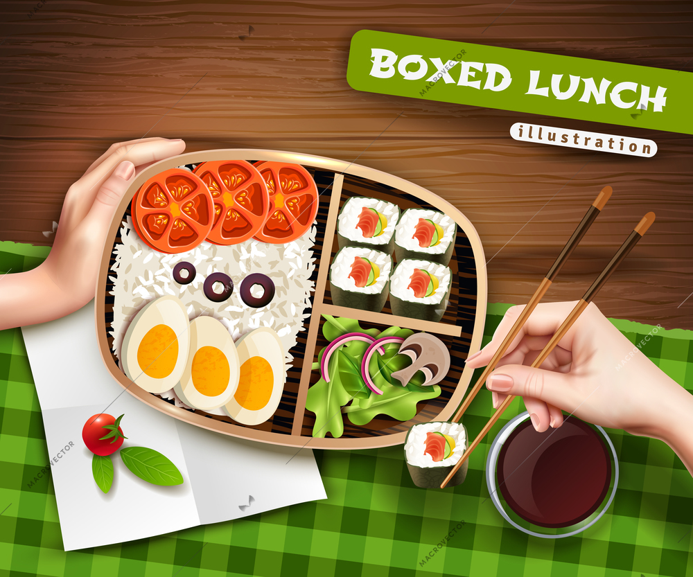 Boxed lunch with asian food on green cloth and female hands with chopsticks and roll vector illustration