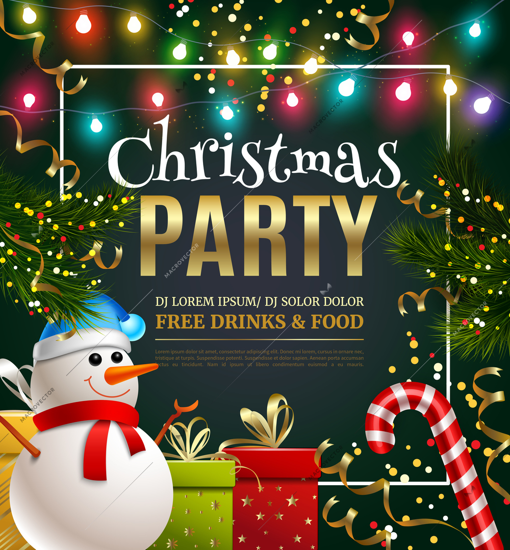 Christmas party festive poster for disco club holiday event with snowman and spruce decoration cartoon vector Illustration