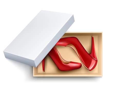 Red women shoes with high heels in white box realistic vector illustration