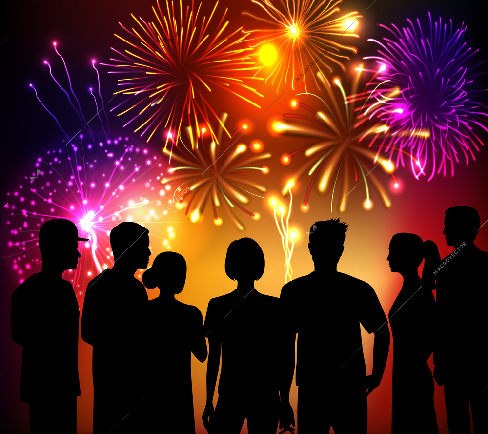 Fireworks and crowd people silhouettes colored background vector illustration