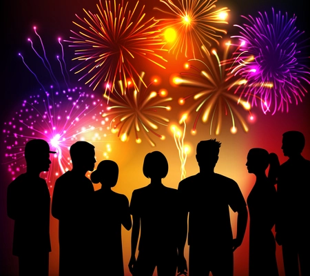 Fireworks and crowd people silhouettes colored background vector illustration