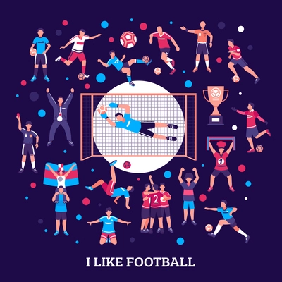 Football soccer composition with set of isolated particles and human characters of team members and referee vector illustration