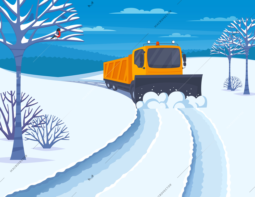 Winter snow transport with snow blower and snowmobile flat vector illustration