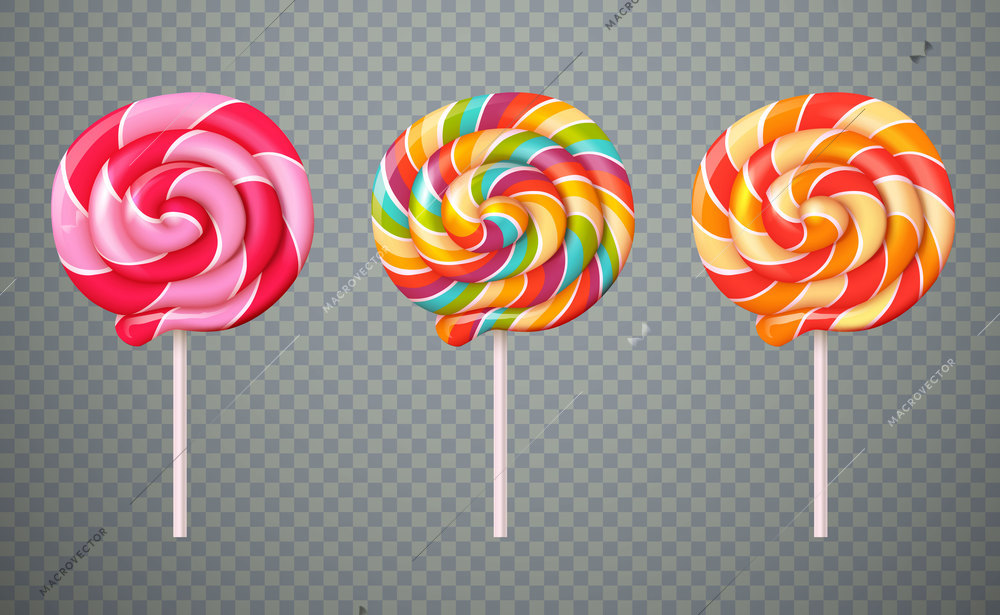 Set of realistic spiral striped colorful lollipops on white plastic sticks isolated on transparent background vector illustration