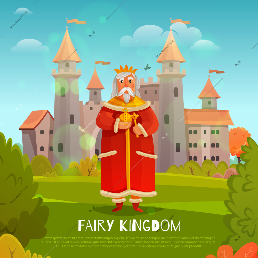 King in red clothing with power symbols on medieval castle background in fairy kingdom cartoon vector illustration