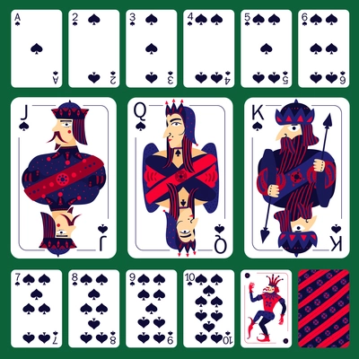 Poker playing spade cards suit set plus playing card back on green background isolated vector illustration